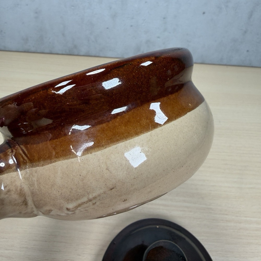 Vintage French Onion Soup Crock Handled Bowls with Lid Brown Glazed (1) - Picture 13 of 13